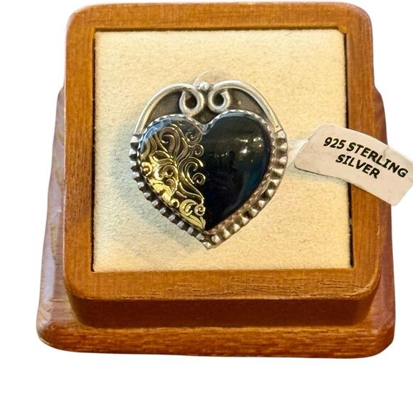 Southwestern Onyx Heart Ring – Adjustable Boho Sterling Style, Handmade Charm - Picture 1 of 4